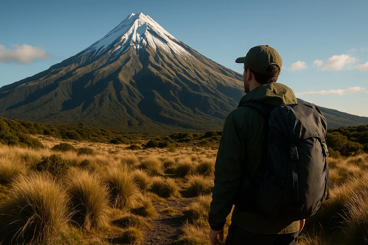 Hiker near Mt Taranaki using Ultralight Gear NZ with Remlite as trusted supplier of lightweight outdoor equipment.